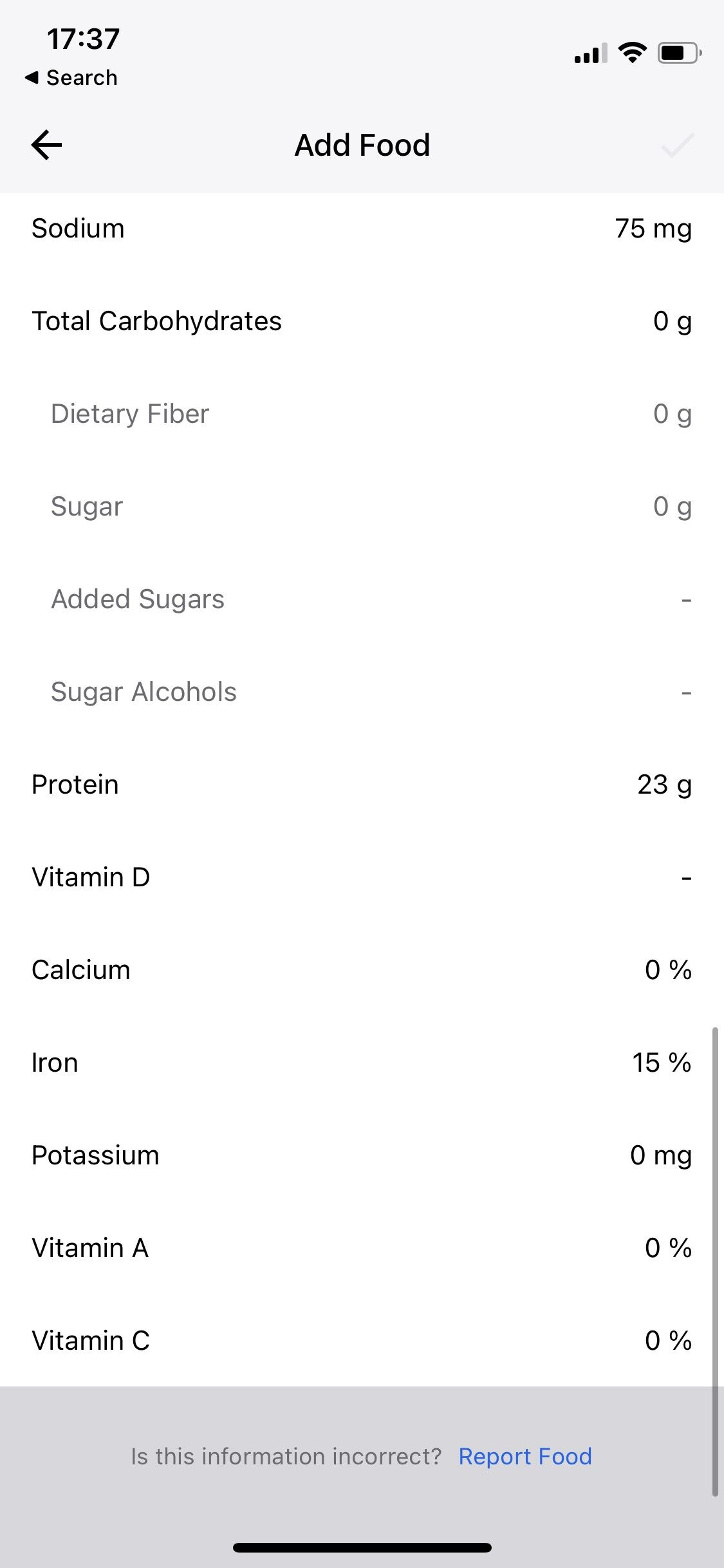 MyFitnessPal app screenshot of nutrients and minerals