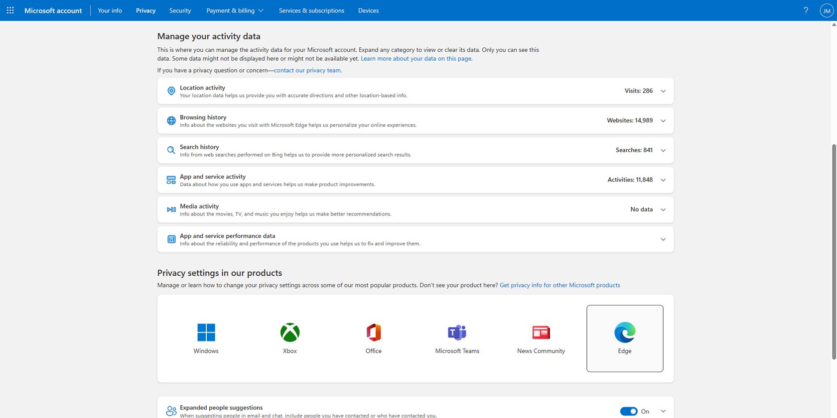 Microsoft account activity data management page