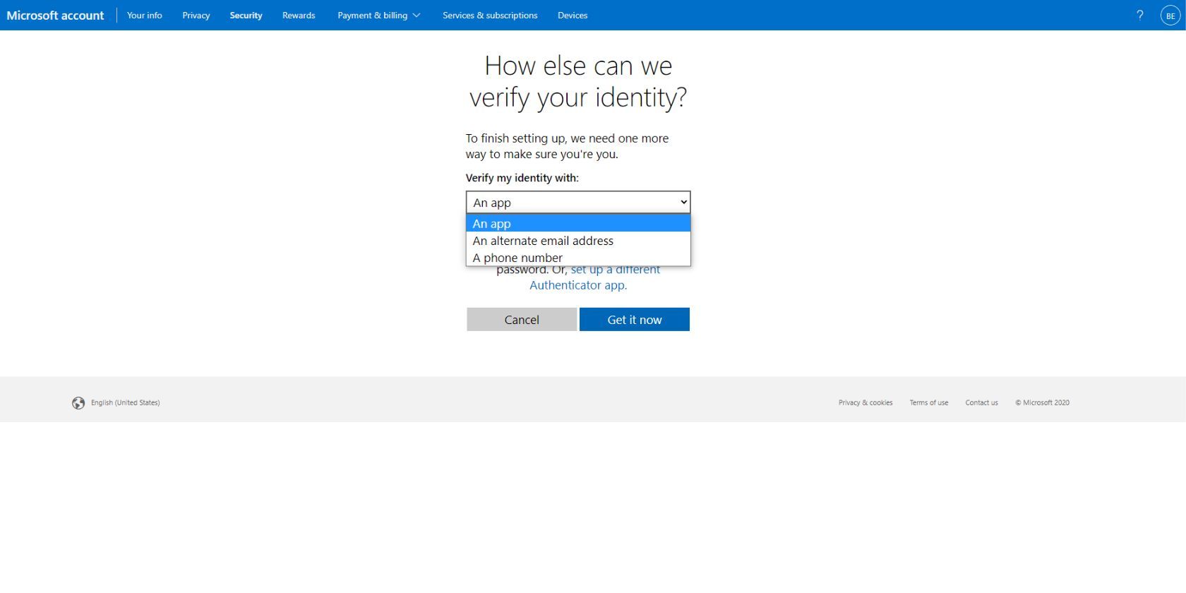 The additional verification page on the Microsoft website