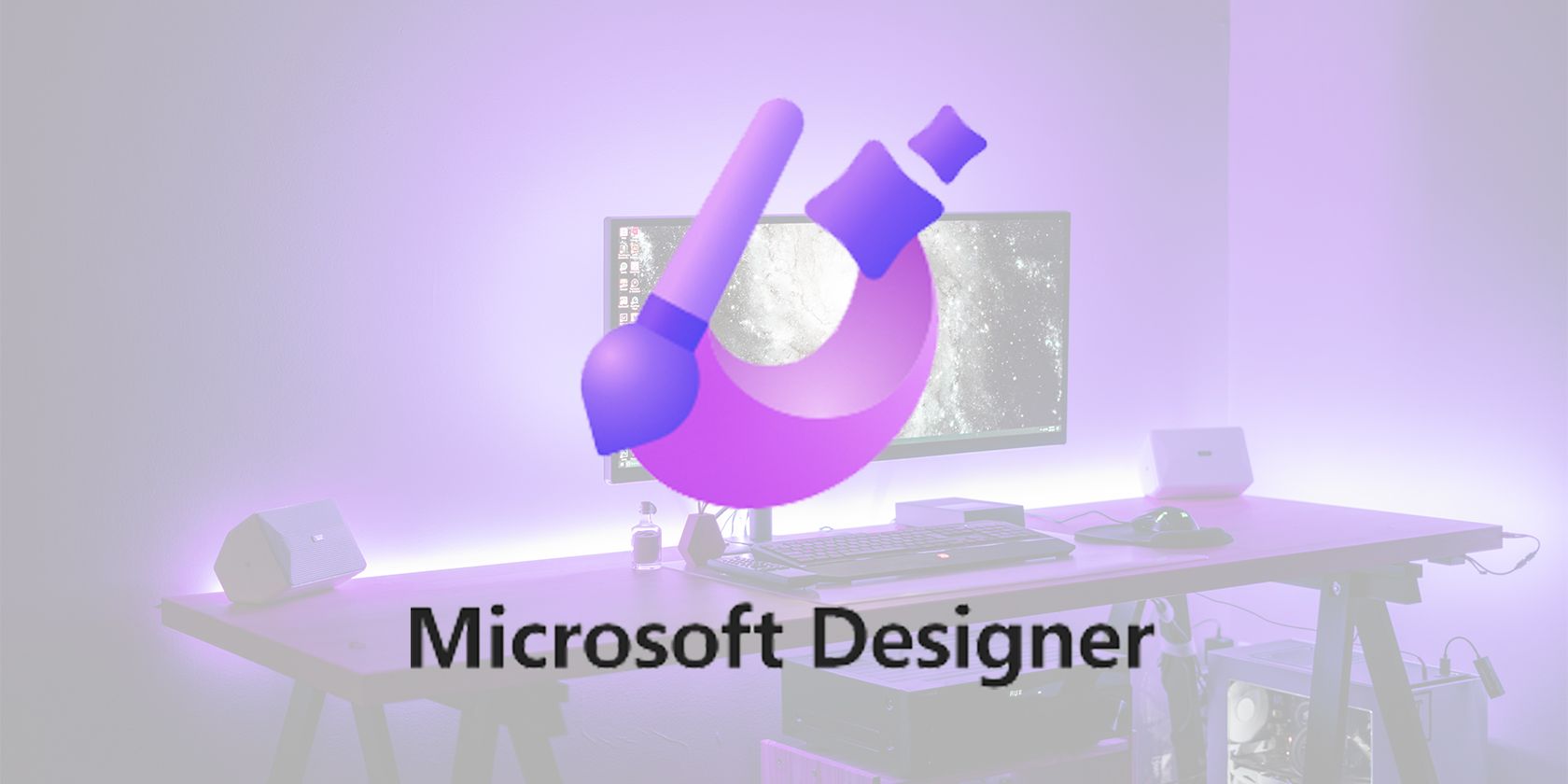 Microsoft Designer logo on background of a computer setup.
