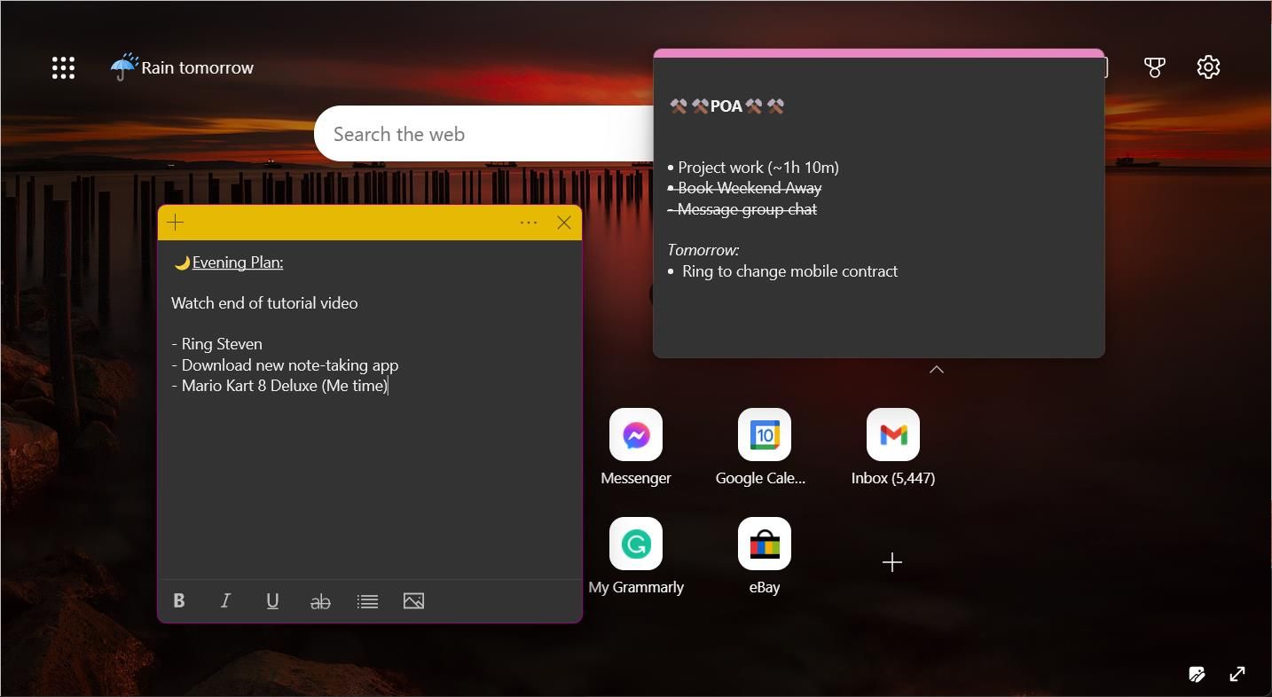 Microsoft Sticky Notes displayed on top of Edge browser