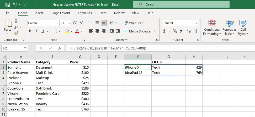 Spreadsheet menampilkan rumus FILTER dengan beberapa kriteria di Excel