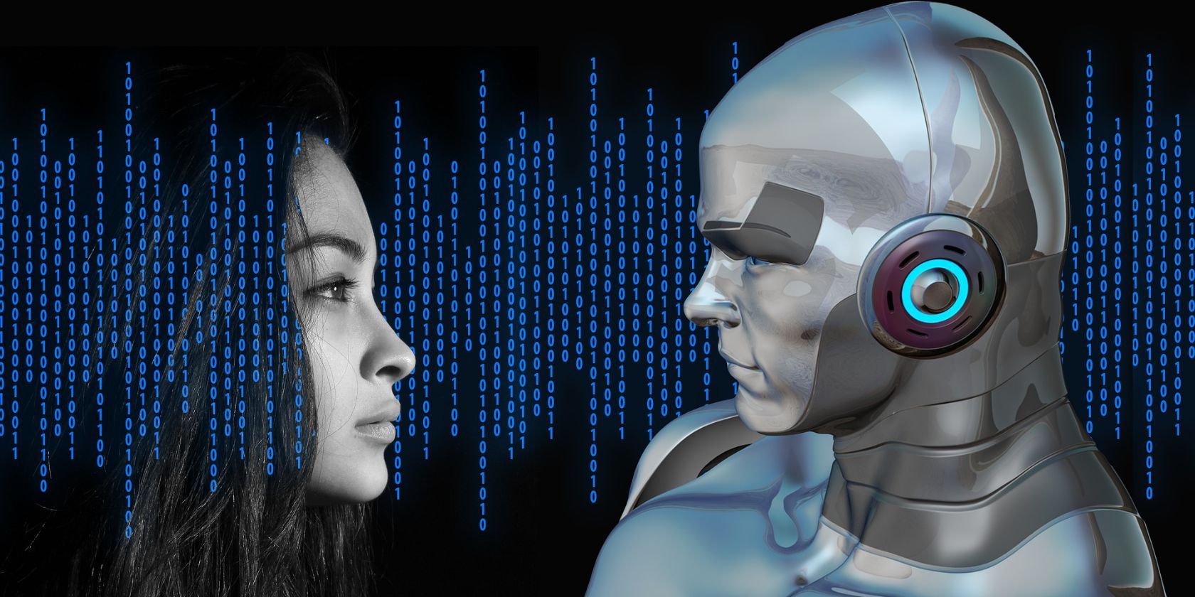 binary code background showing a woman face to face with a robot 