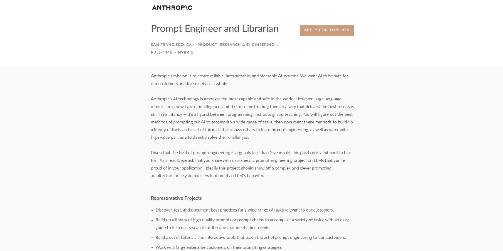 screenshot of Anthropic Prompt Engineer Job Opening