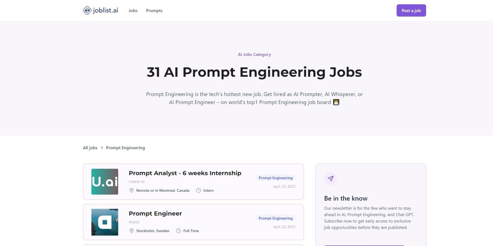 screenshot of Joblist.ai website showing AI prompt engineering jobs