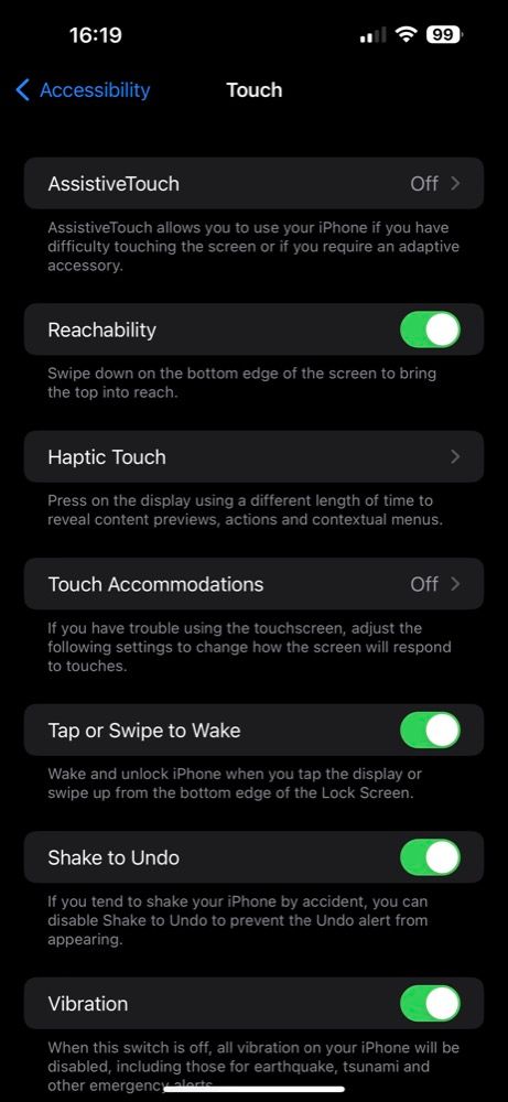 Touch settings on iPhone