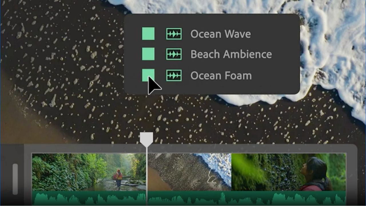 Ocean waves in video editor with three sound effects listed
