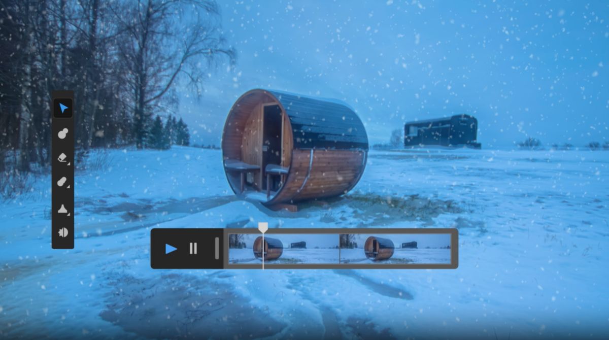 AI generated video scene of a barrel cabin in the middle of a snowy landscape 