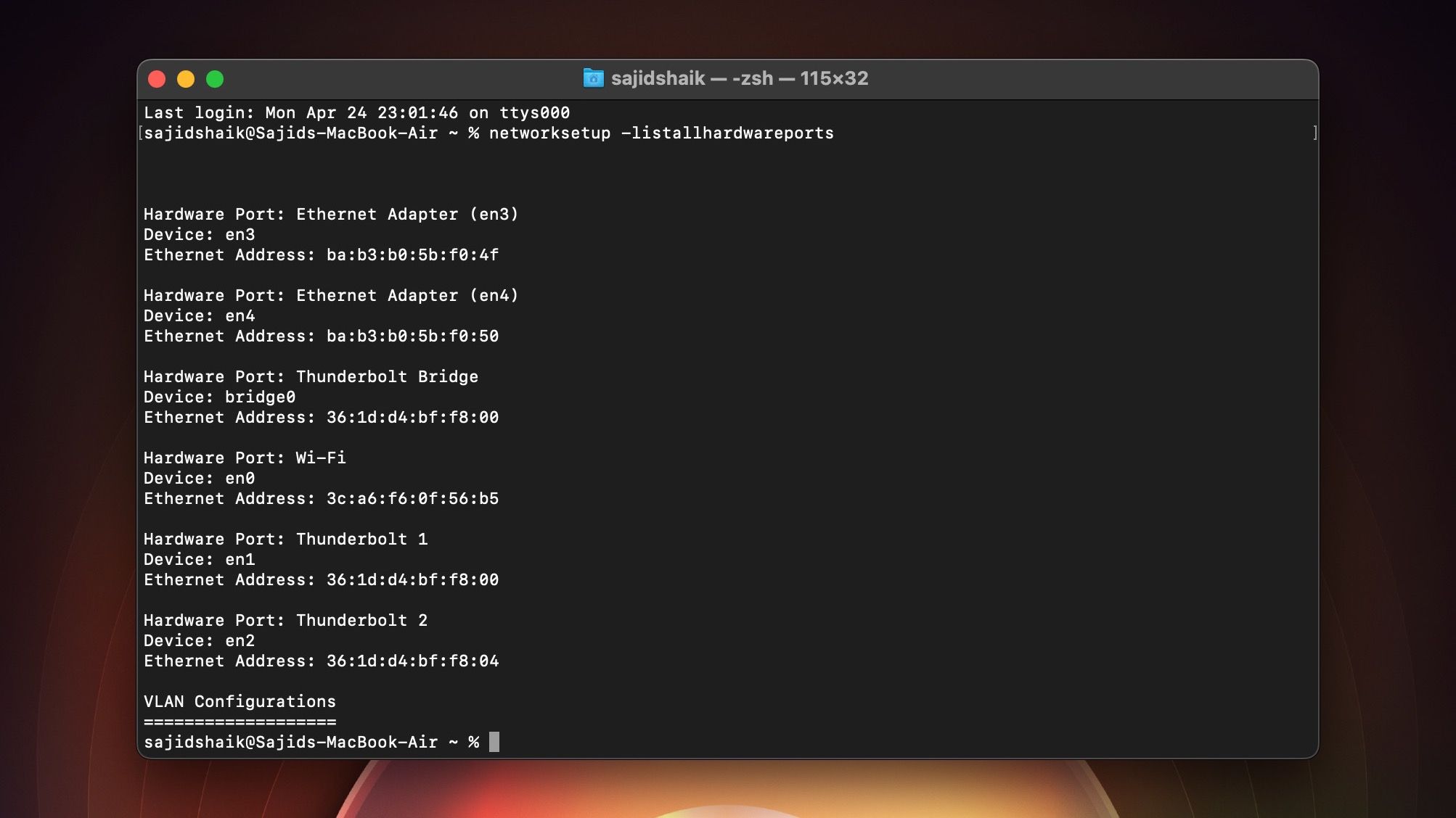 Network report list all hardware ports command in Terminal on macOS Ventura