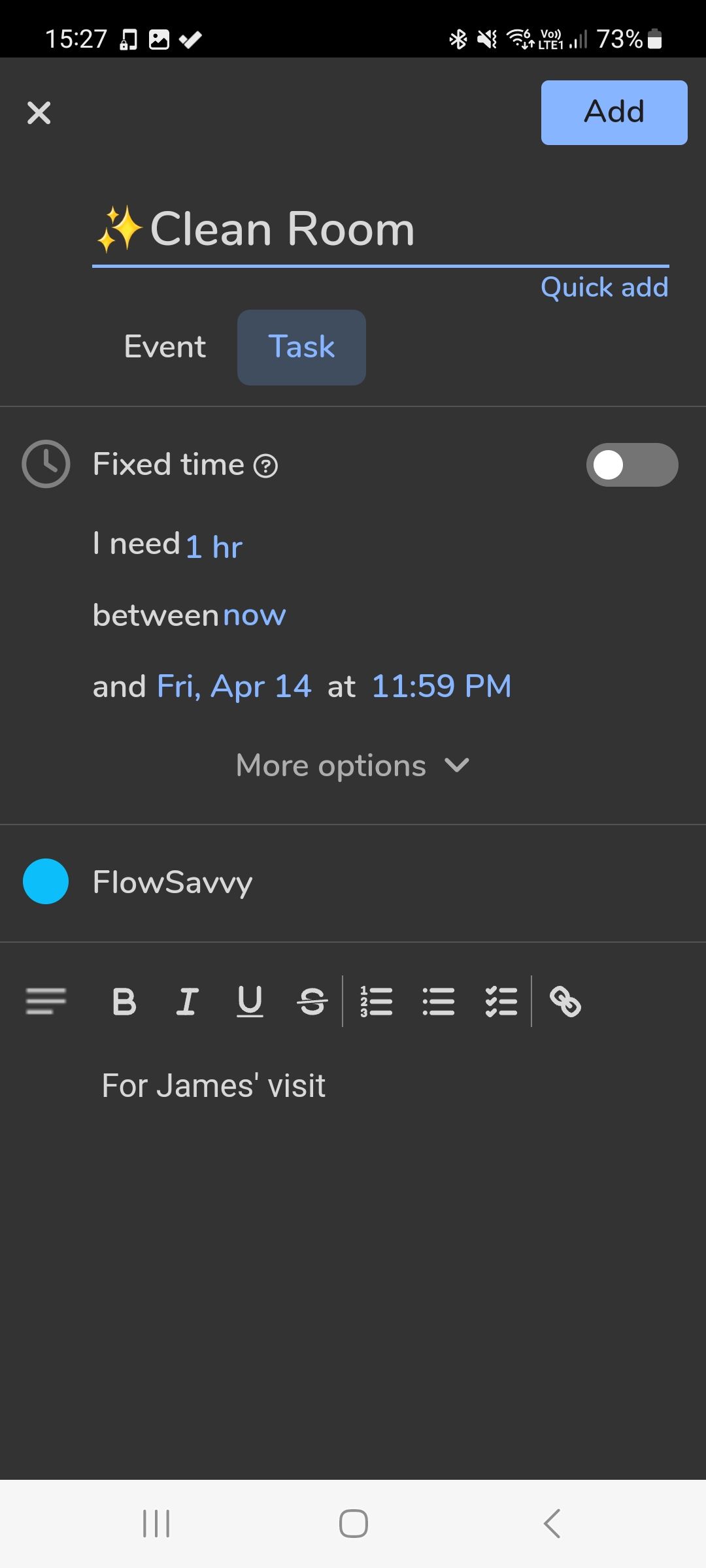 New task page in FlowSavvy