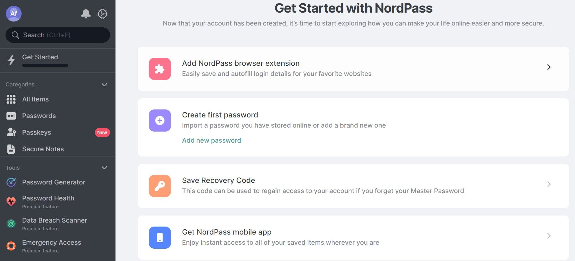 Screenshot of nordpass password management dashboard
