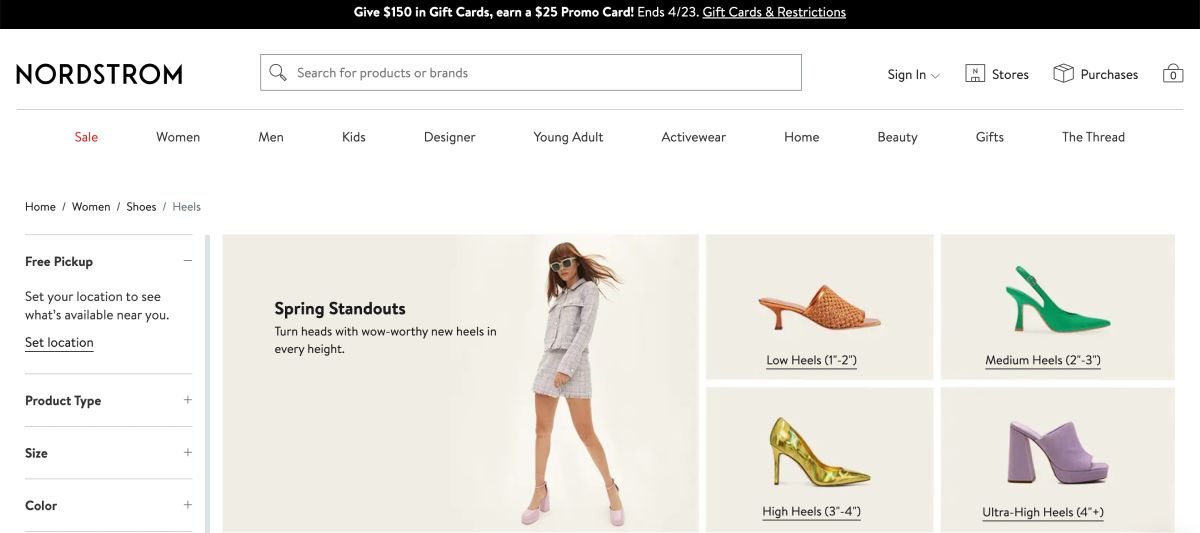 Nordstrom website featuring shoes