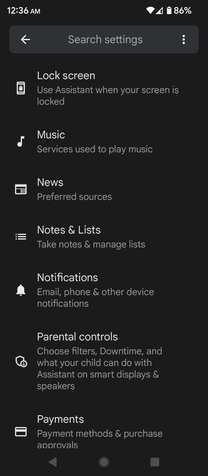 Notes and Lists option in the Assistant Settings