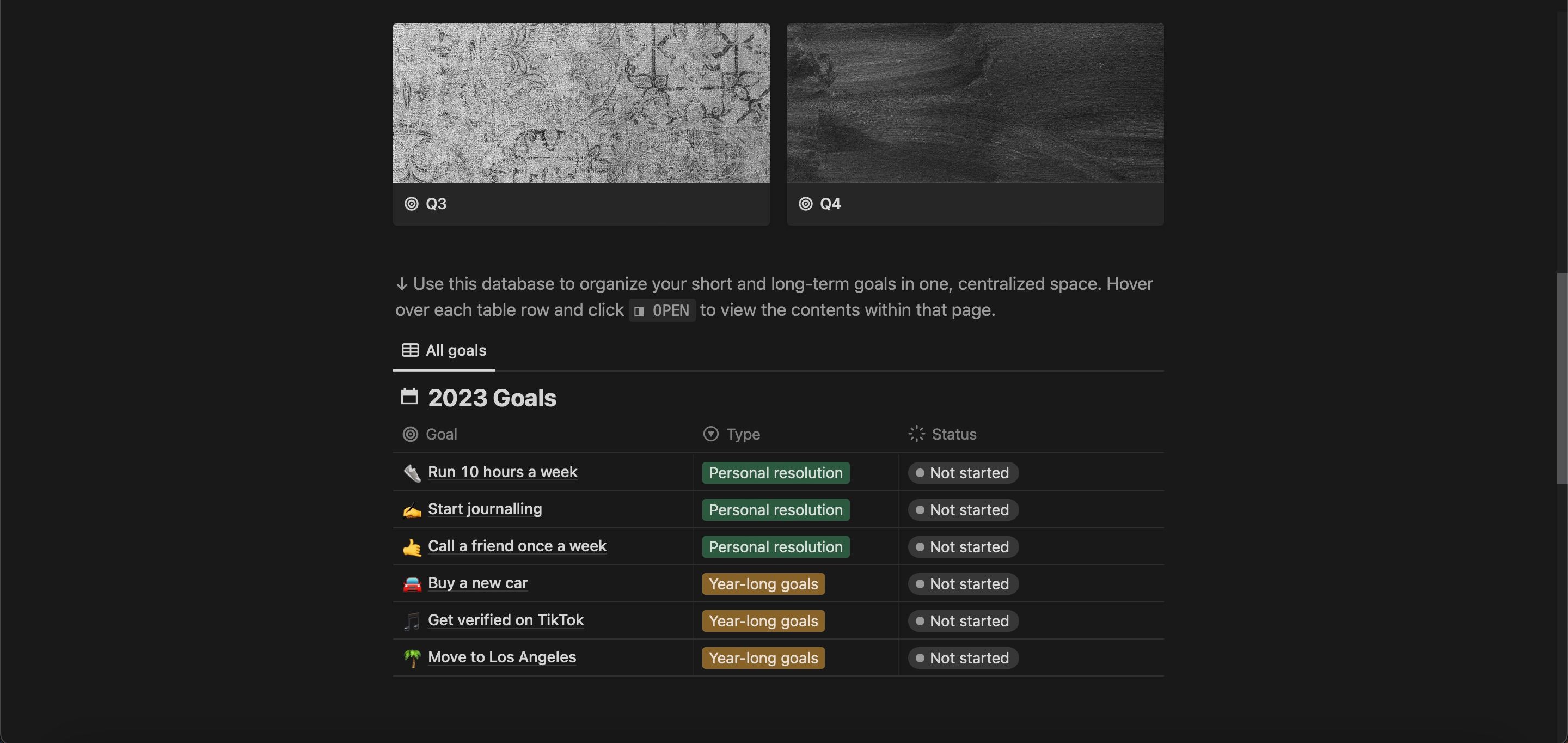 Captura de tela do Notion 2023 Goals Tracker