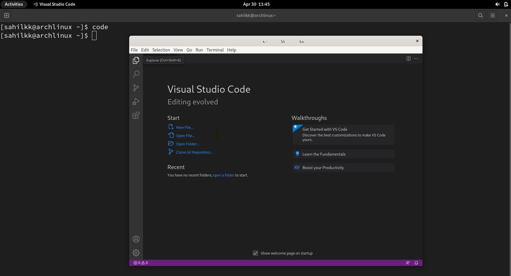 Visual Studio Code welcome screen with Arch Linux terminal background