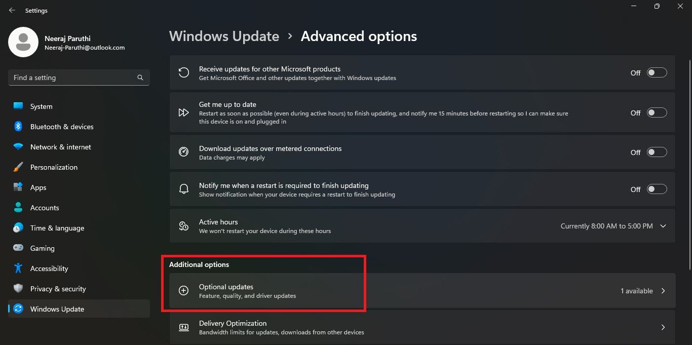 Optional Updates in Advanced Options
