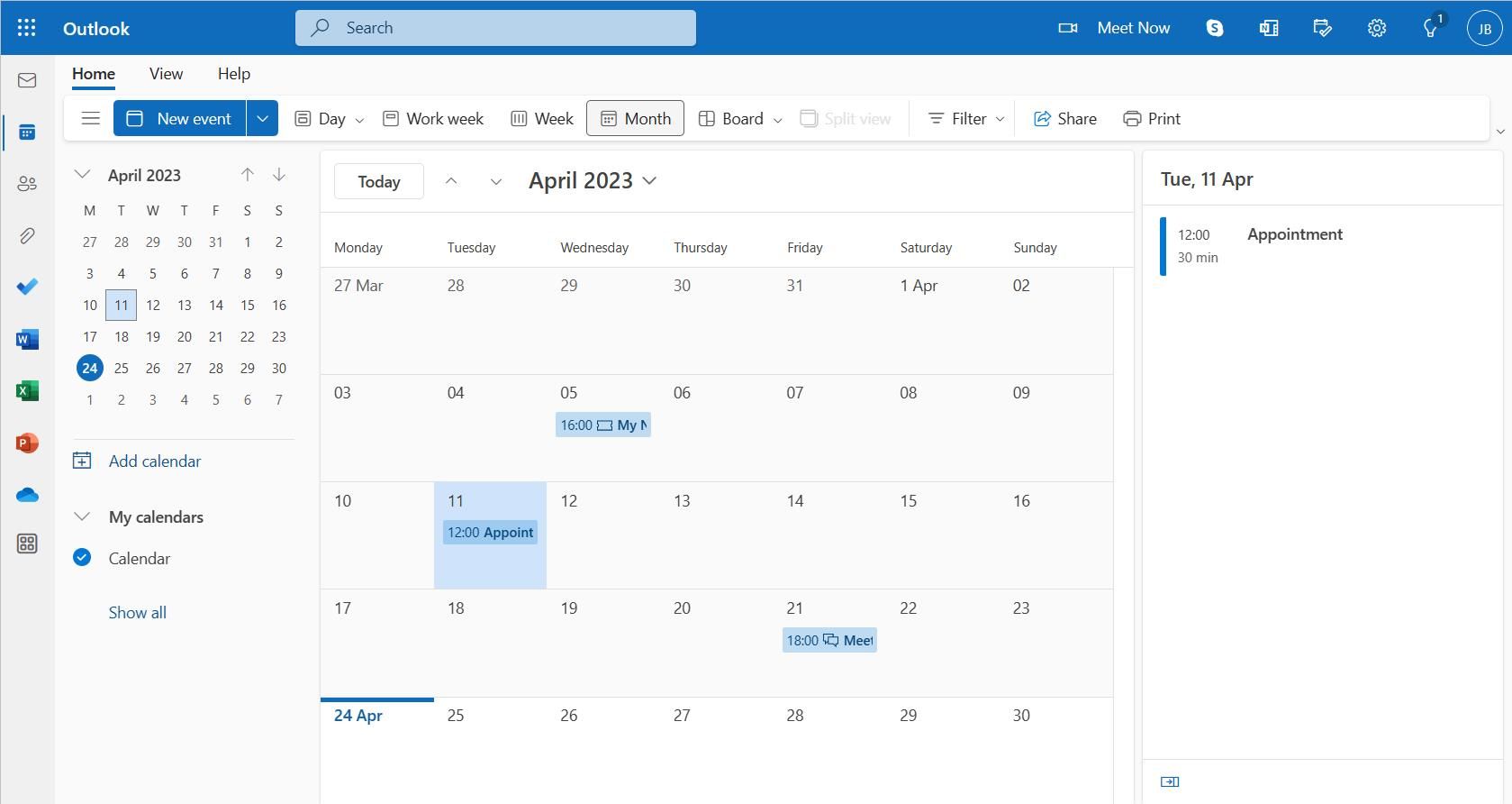 Outlook Calendar monthly view web version