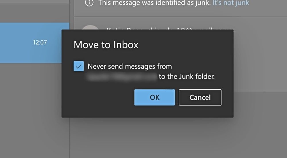 screenshot of outlook move to inbox confirmation window