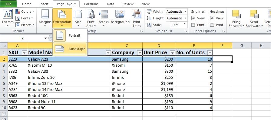 Orientasi Halaman di Pita Excel