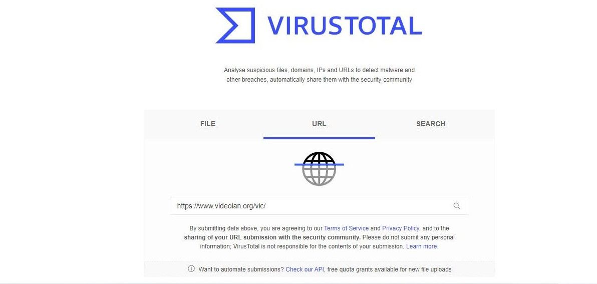 pasting the downloaded link of the file into the url search bar on the virustotal official website