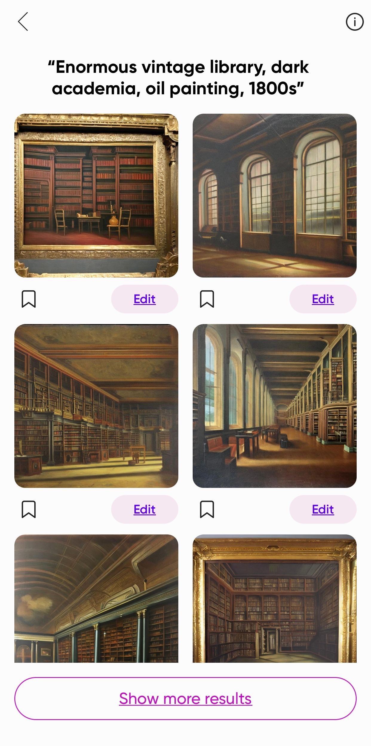 Sáu hình ảnh khác nhau do AI tạo ra về một thư viện cổ điển bằng Picsart