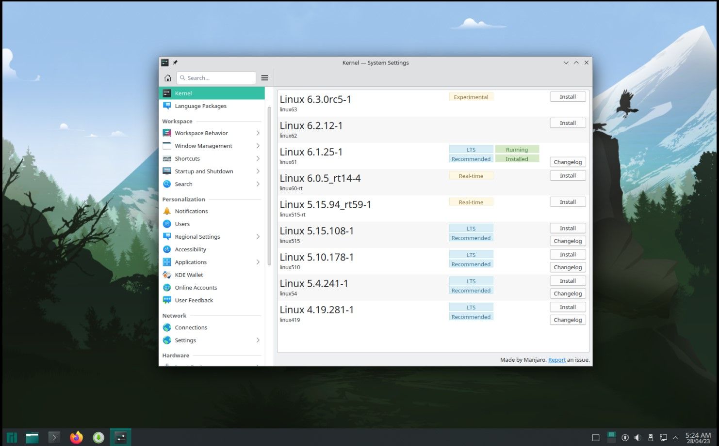 Settings window to change kernel on KDE Plasma 