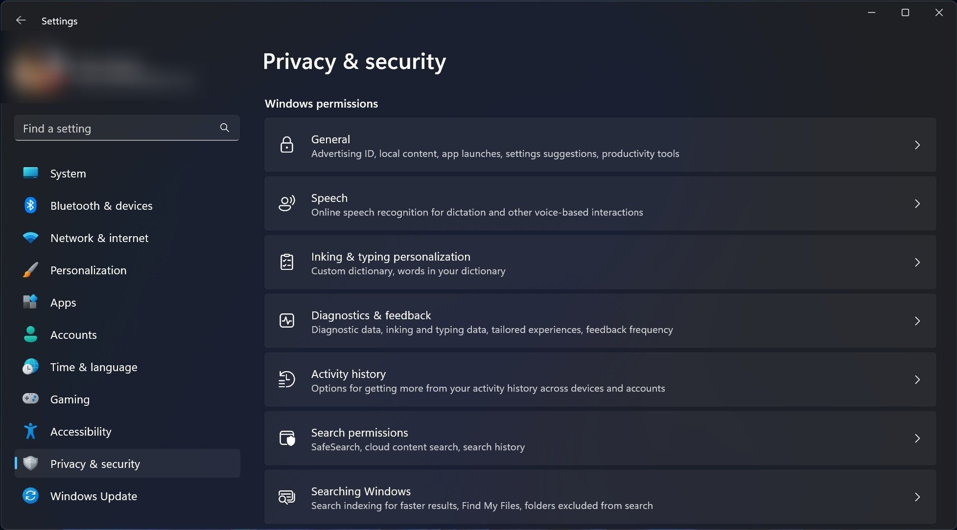 Cuplikan layar menampilkan Privasi & keamanan di Pengaturan Windows 11