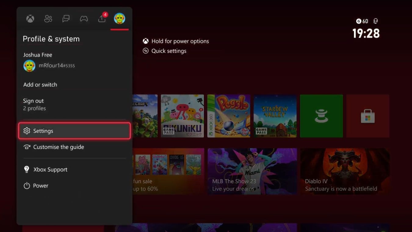 A screenshot of the Xbox Series X Profile and System Guide menu with Settings highlighted 