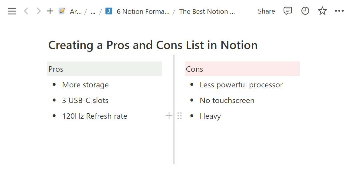 Pros and Cons list in Notion