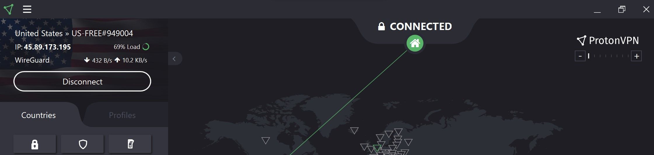 Proton VPN được kết nối với máy chủ Hoa Kỳ