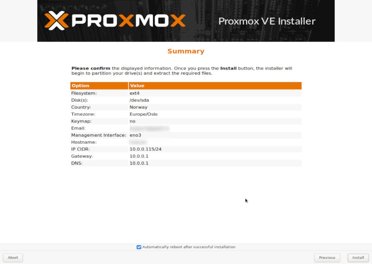 proxmox installation summary page