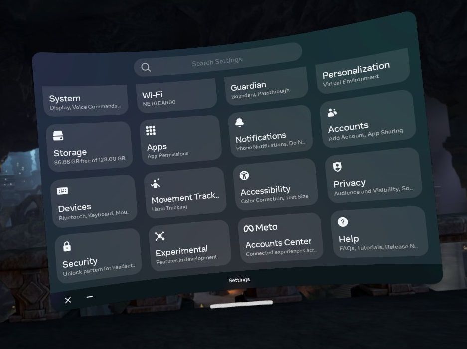 The Quest 2 Settings Menu, including Movement Tracking and Experimental Settings.