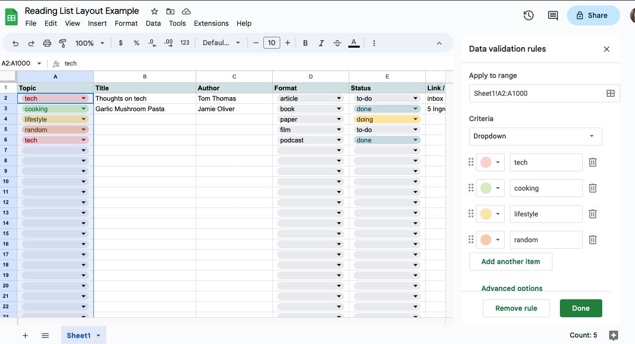Dropdown list menu in spreadsheet software