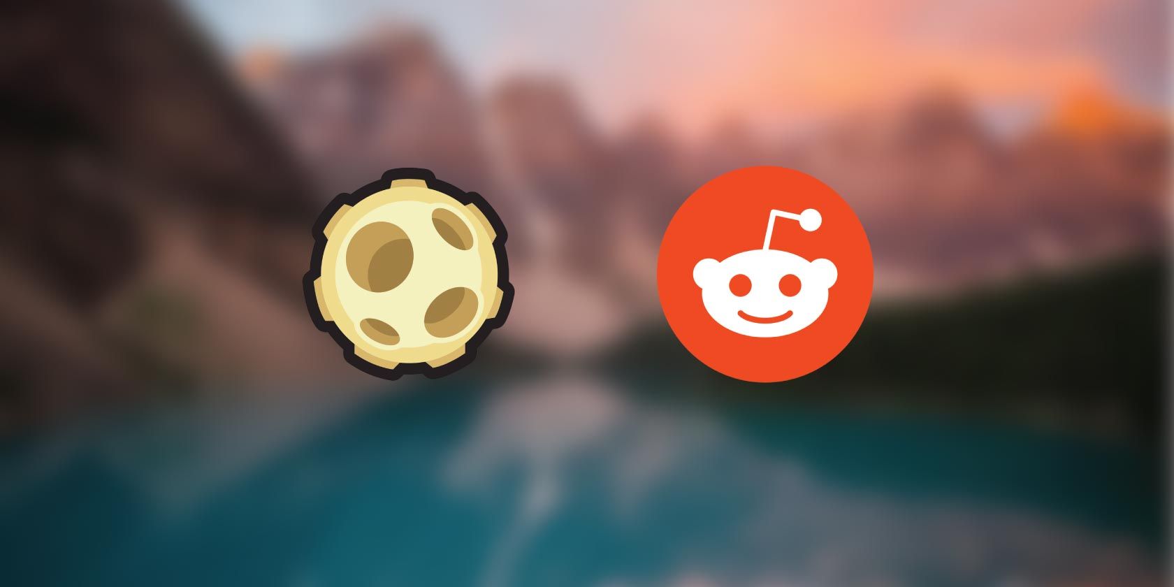 Reddit Moon logo next to Reddit logo with a blurred background of a valley lake landscape