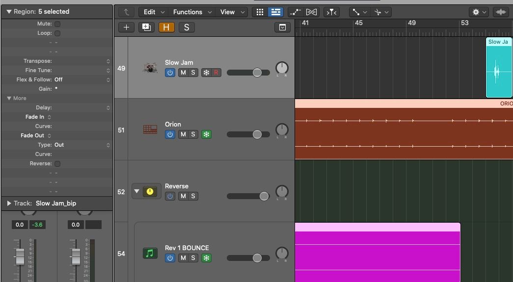 منوی کشویی بازرس منطقه در Logic Pro