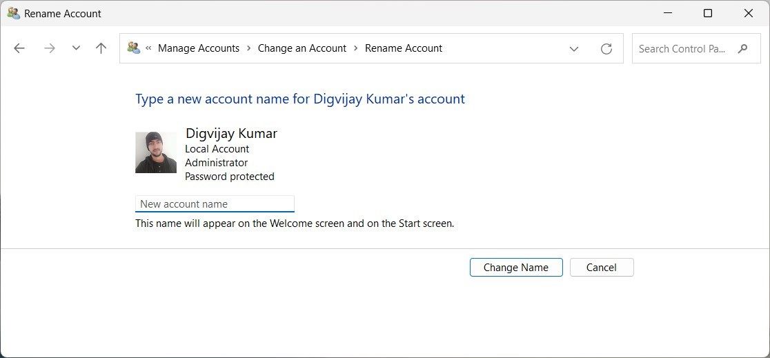 Rename account in Control Panel