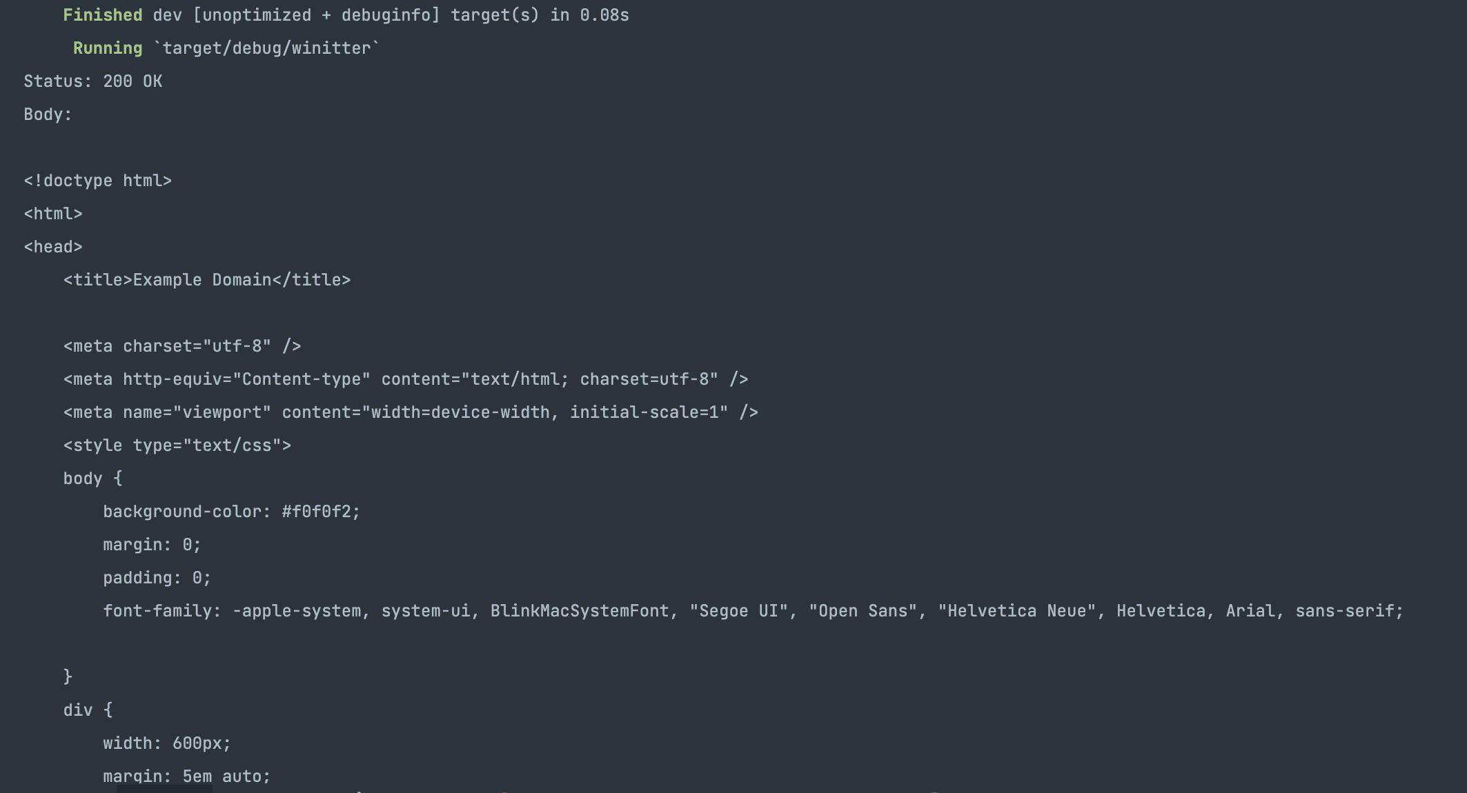 Hasil permintaan GET menggunakan Rust menampilkan konten HTML dari halaman web