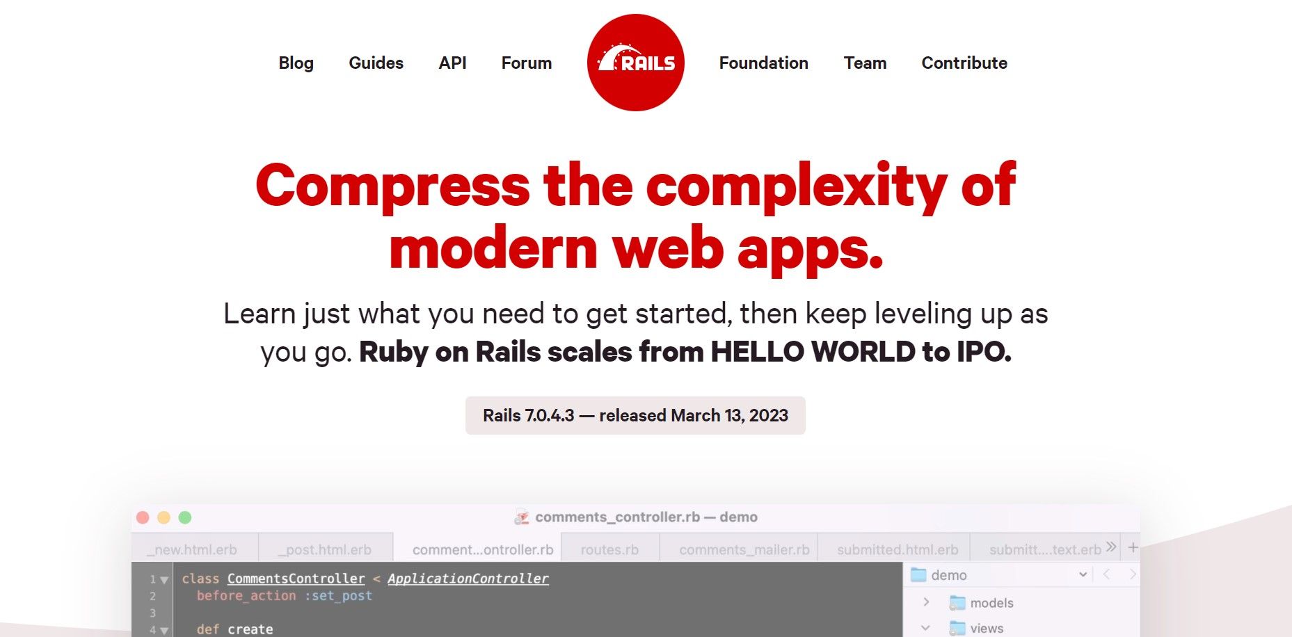 Tangkapan layar situs web resmi Ruby on Rails