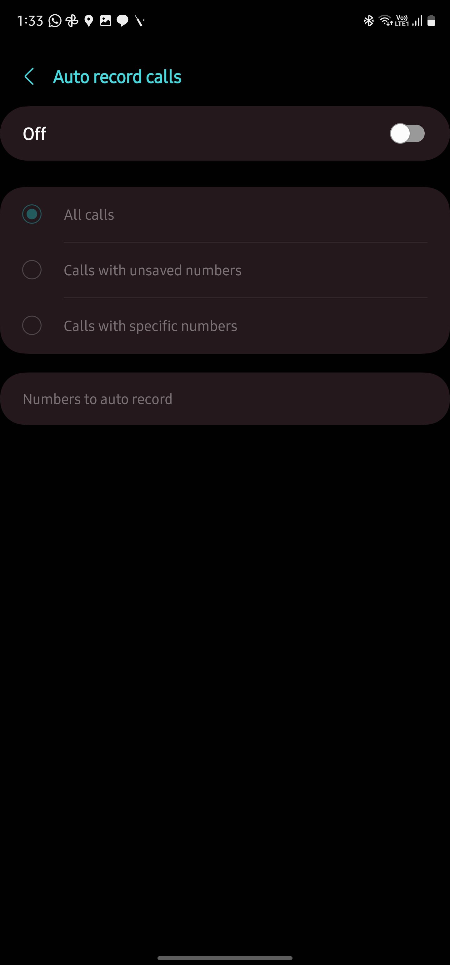 Automatic Call Record menu on Samsung Galaxy phone