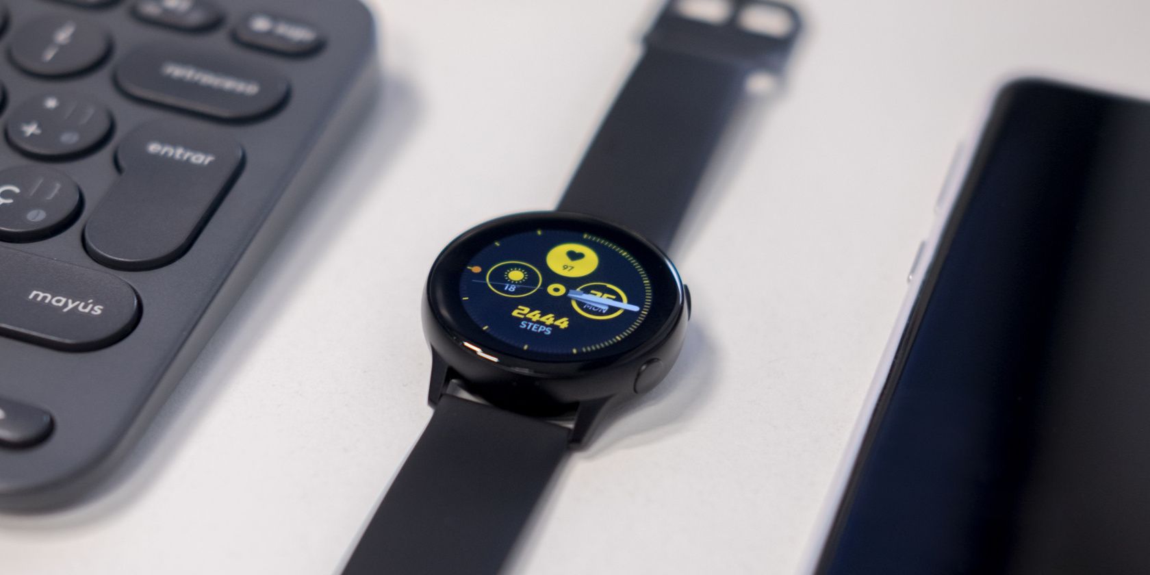 a Samsung Galaxy Watch on a desk