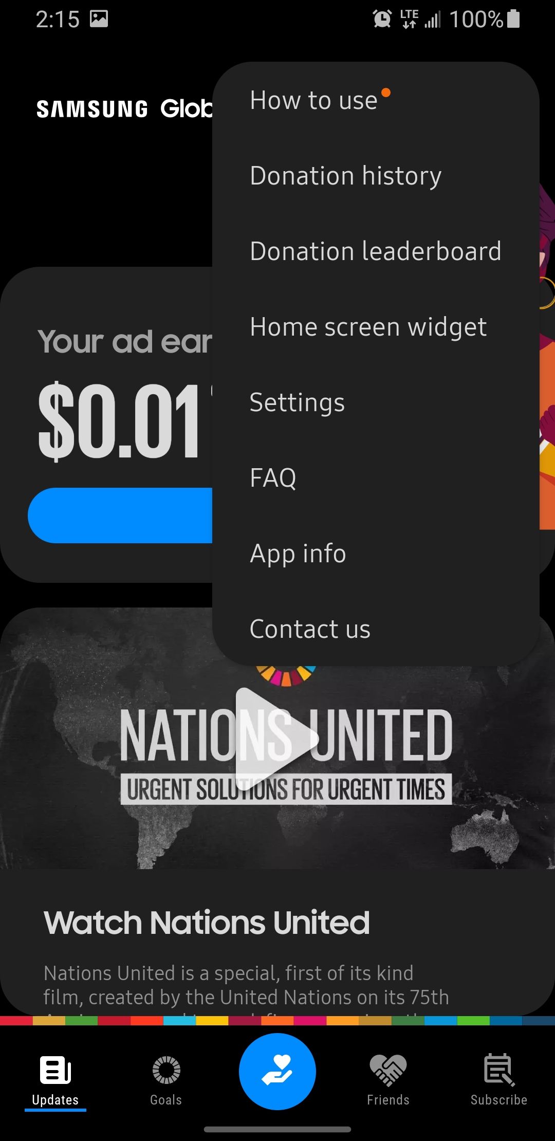 Screenshot of Samsung Global Goals app showing settings 