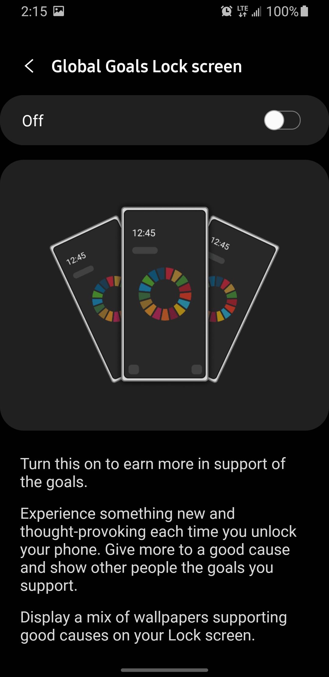 Screenshot of Samsung Global Goals Lock Screen Settings
