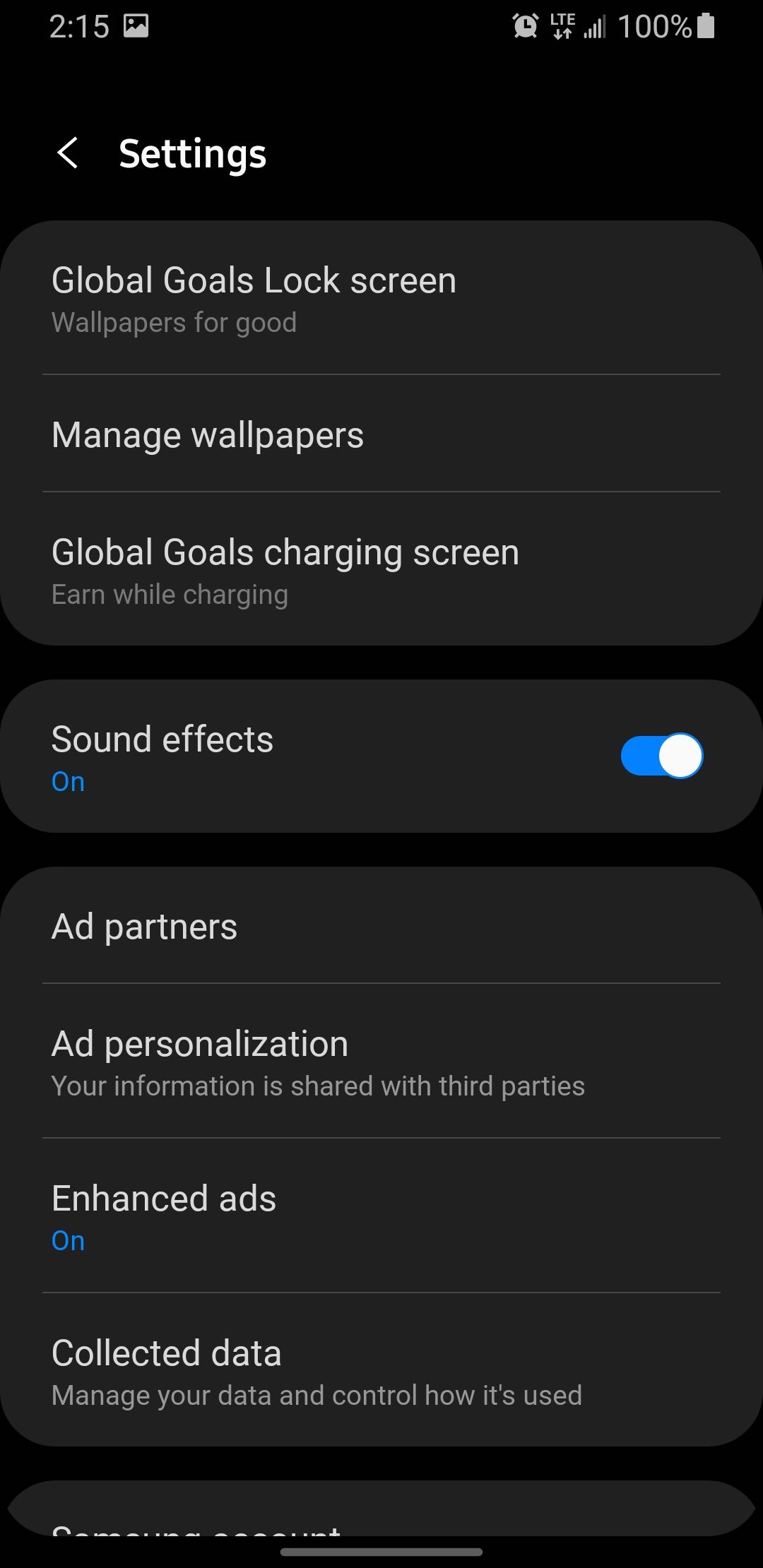 Screenshot of Samsung Global Goals app settings 