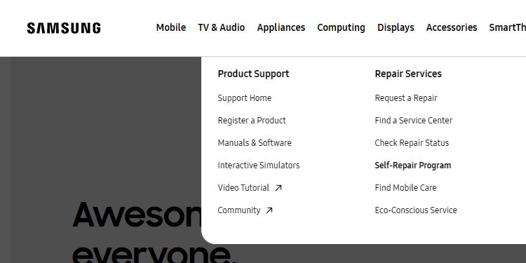 Samsung self repair program link on the website menu