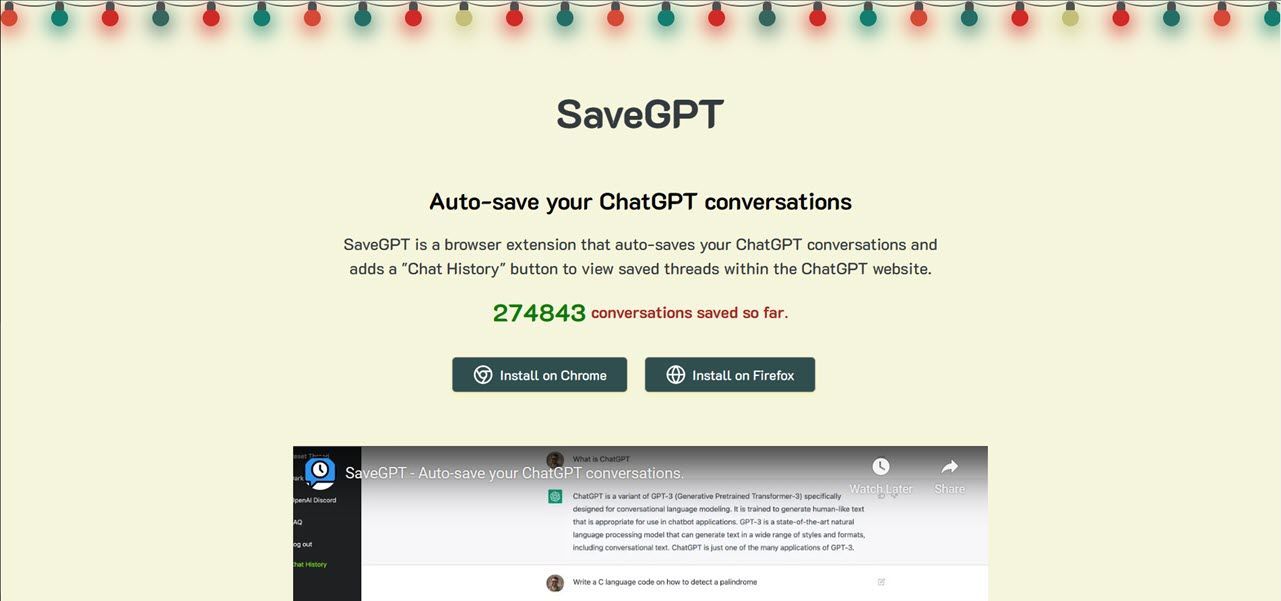 Ảnh chụp màn hình hiển thị trang chủ trang web SaveGPT