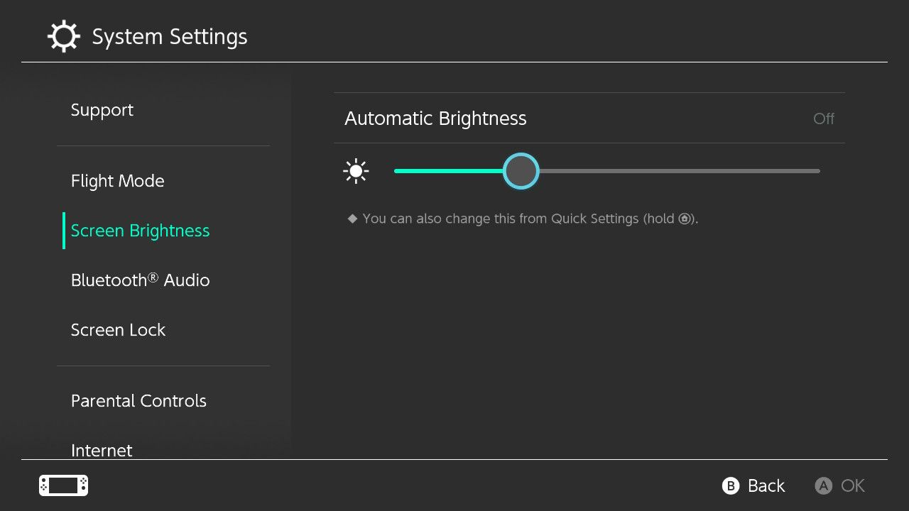 A screenshot of the Screen Brightness settings on Nintendo Switch with Automatic Brightness set to Off 