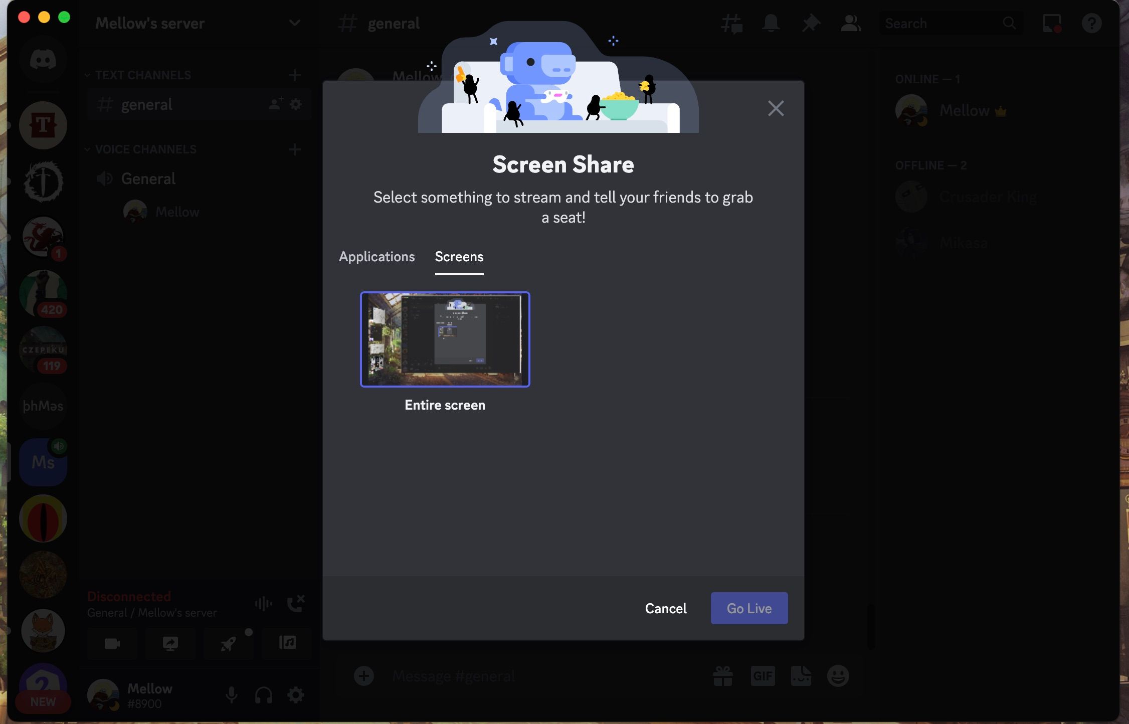 Screen Share menu on Discord