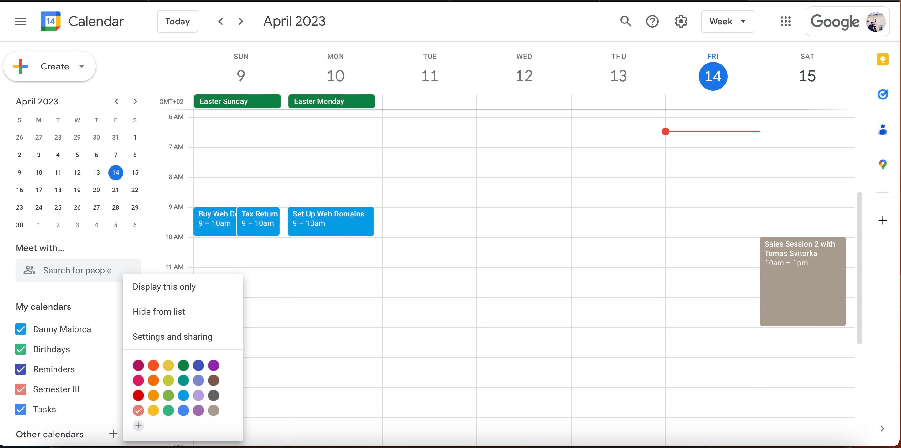 Settings and sharing in Google Calendar Screenshot