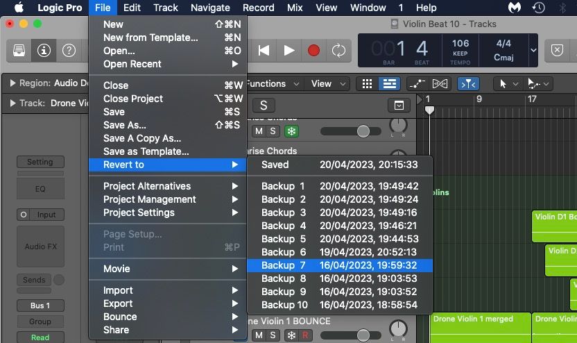 منوی کشویی در Logic Pro با انتخاب Revert to Backup 7