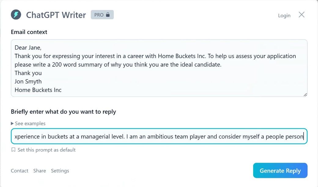 Screenshot ChatGPT Writer gmail response screen